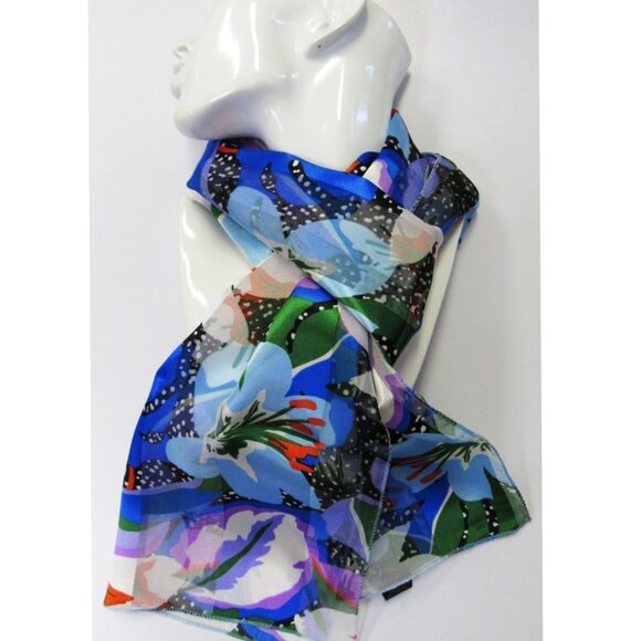 Long Silk Feel Blue Multicolor Scarf Floral Flower Print - Picture 4 of 4